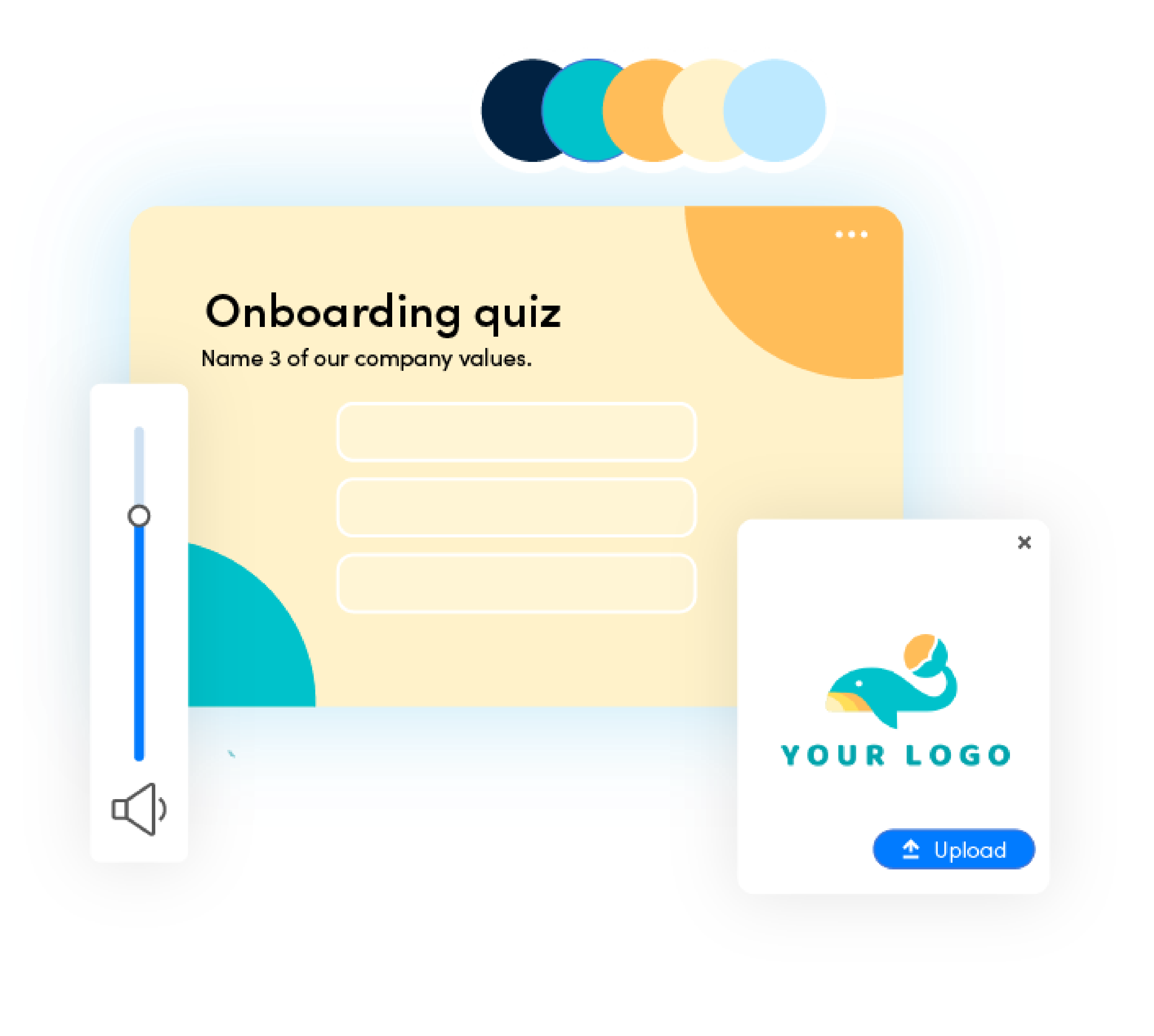 Company onboarding quiz question with options to add a logo, colors and audio